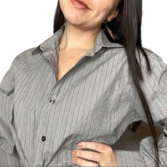 Y2K DKNY Slim Fit Button Down Blouse striped gray - Picture 3 of 12